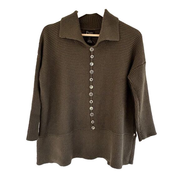 PURE Handknit Sweater Size Small Medium Olive Green Collared Funky Buttons Knit - Picture 1 of 9